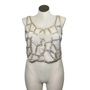 Lush Women Cream Champagne Sequin Geometric Cropped Tank Top Scoop Neck
